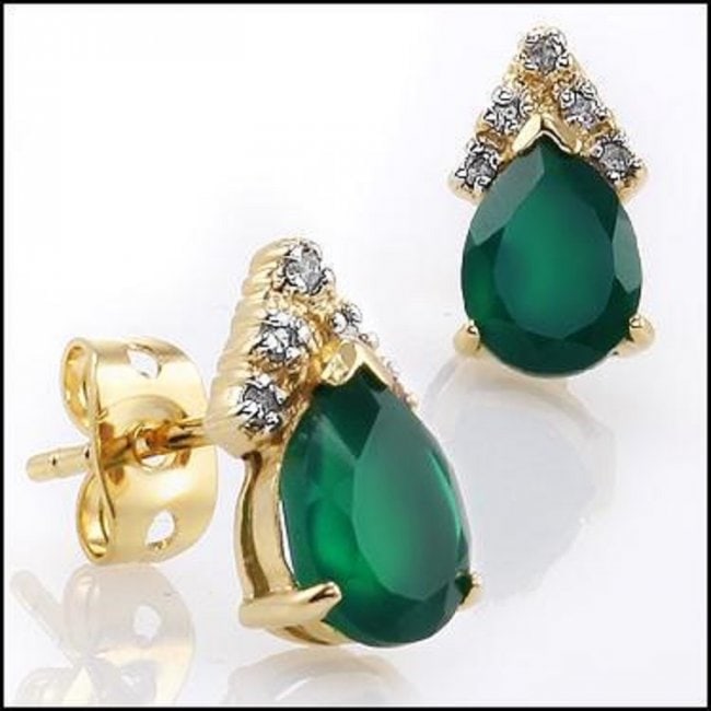 3.34 CTW Green Agate & Diamond Designer Earrings: Master jewelers designed your earrings with: 2 piece of GENUINE 8X6mm faceted teardrop Green Agate. 10 pieces of GENUINE single cut diamonds 0.18 carat tw. 7.12 grams of Base Metal/brass layered with