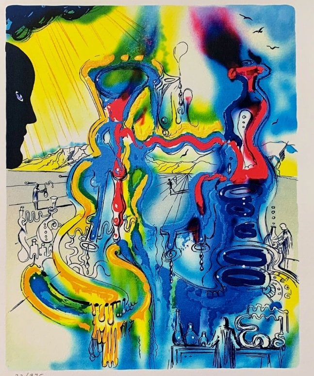 Fine Art Dali The Alchemist Facsimile Signed & Numbered Giclee: This is a limited edition giclee titled ?THE ALCHEMIST? by Salvador Dali. This piece is facsimile signed on the lower right. Pencil numbered from an edition of 375. Paper measures 17" x 12". Image mea