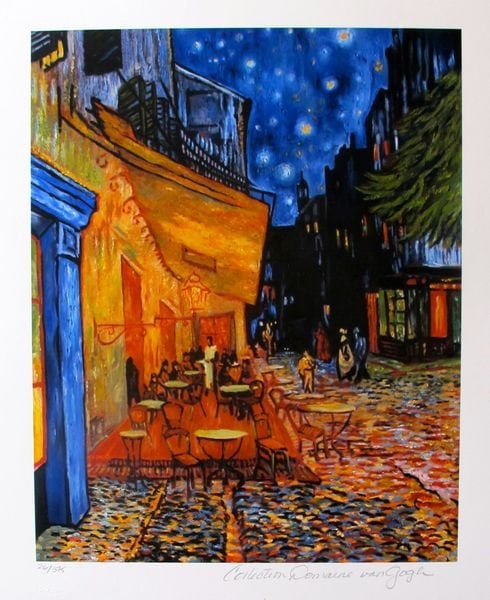 Terrace Cafe by Vincent Van Gogh Estate Signed Giclee MSRP $1,225: Fine Art giclee titled The Terrace Cafe. This piece is pencil signed on the lower right as Collection Domaine Van Gogh and has an embossed seal stamped by the Estate Domaine. Pencil numbered from an e
