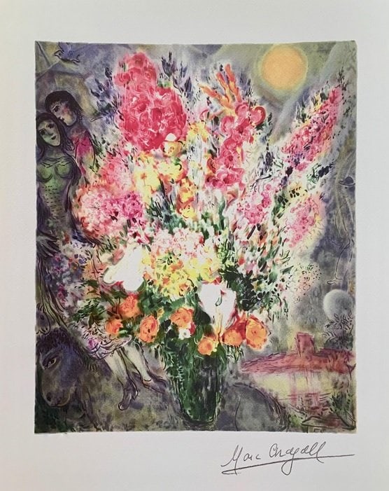 Marc Chagall Floral Bouquet Facsimile Signed Limited Edition Giclee MSRP $1,195: This is a Marc Chagall limited edition giclee titled FLORAL BOUQUET. This subject is facsimile signed which means it has a copy of Chagall?s signature. Numbered from a limited edition of 375. Image me