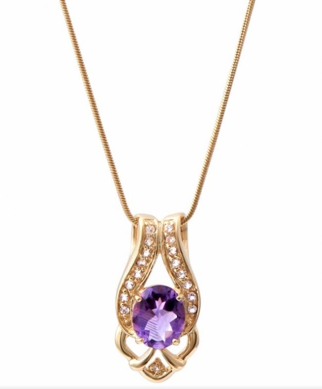 6.80 Cts Amethyst & White Topaz 18KGP Designer Necklace: 1 piece of GENUINE 10X12mm Oval Amethyst quality AAA no treatment.17 pieces of GENUINE round 2mm Rounds White Topaz no treatment. 7.45 grams of brass layered with 18K yellow gold.The necklace length i