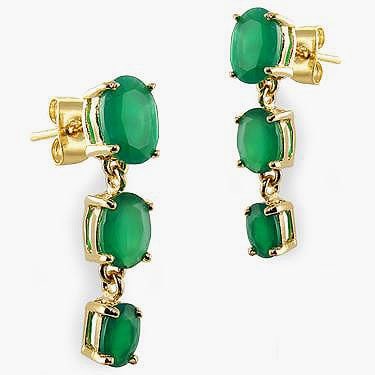 4.05 CT Green Agate Past Present Future Designer Earrings $500: 2 pieces 8X6mm oval Green Agates,2 pieces of 7X5mm oval Green Agates.2 pieces of 6x4mm oval Green Agates. 3.25 grams of brass layered with 18K yellow gold.The height is 7/8 inches or 13mm. The width i