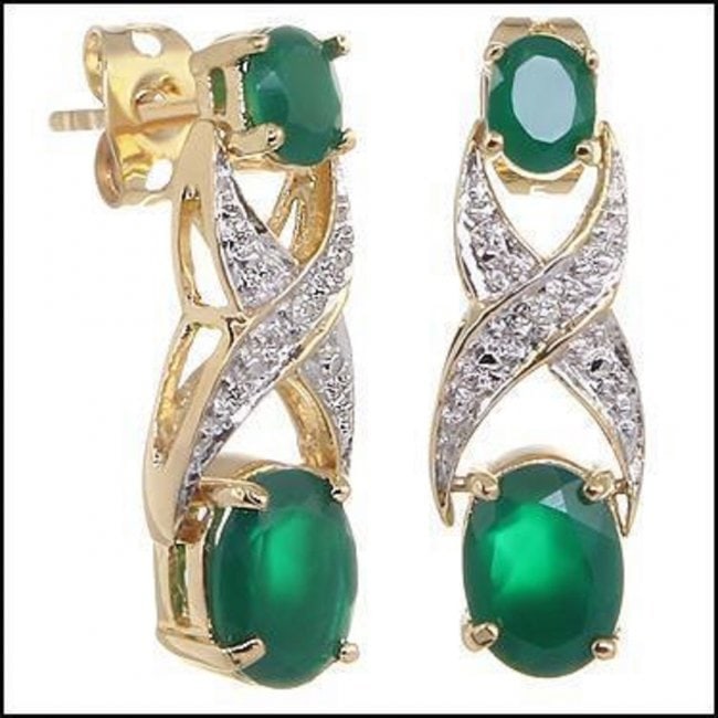 2.66 CT Green Agate & Diamond 18KGP Designer Earrings: 2 pieces of GENUINE 8X6mm faceted Green Agates quality AAA no treatment.2 pieces of GENUINE 5X4mm faceted Green Agates quality AAA no treatment.2 pieces of GENUINE single cut diamonds 0.02 carat tw. 3