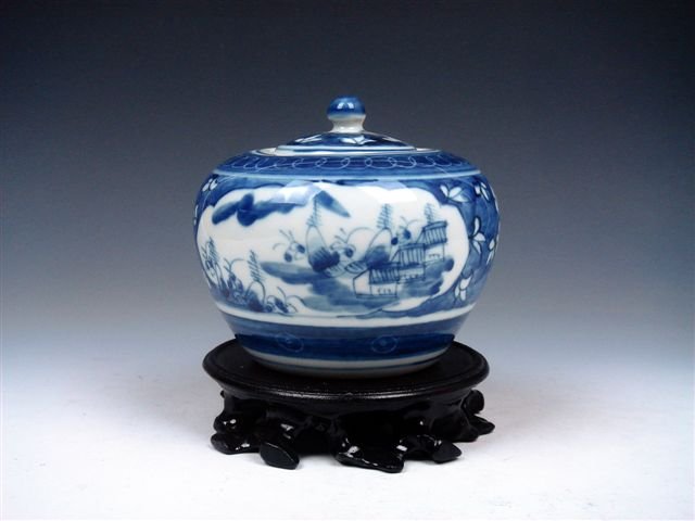 Chinese QingHua Scenery Hand Painted Antique Jar: Item Description: This is a very nice Chinese blue&white QingHua scenery trees and landscapes hand painted porcelain round jar *white spots are light reflections, actual item is in very good condition