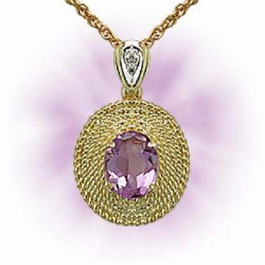 Genuine 1 CT Amethyst Diamond Museum Pendant: Master jewelers designed your pendant with 1 piece of GENUINE 7X5mm faceted oval amethyst. 1 piece of GENUINE single cut diamond .01 carat tw. 2.4 grams of brass layered with 18K Gold. The length is 1