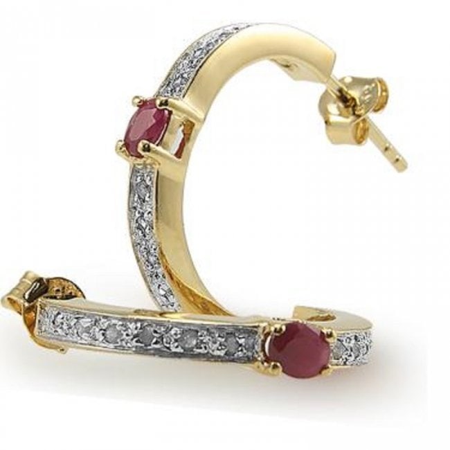0.68 CT Ruby & Diamond Designer 18KGP Earrings $1,150: 2 pieces of GENUINE 4x3 mm Red Rubies quality AAA no treatment. 24 pieces of GENUINE single cut round diamonds 018cts I-J color.4.08 grams of brass layered with 18K yellow gold.The motif width is 5/8
