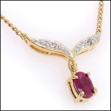 2.02 CT Ruby & Diamond Designer Necklace $855: 1 piece of GENUINE 7X5 mm faceted Ruby quality AAA no treatment.2 pieces of GENUINE single cut diamonds 0.02 CT, I-J color & I2-I3 Clarity no treatment. 2.28 grams of brass layered with 18K yellow gol