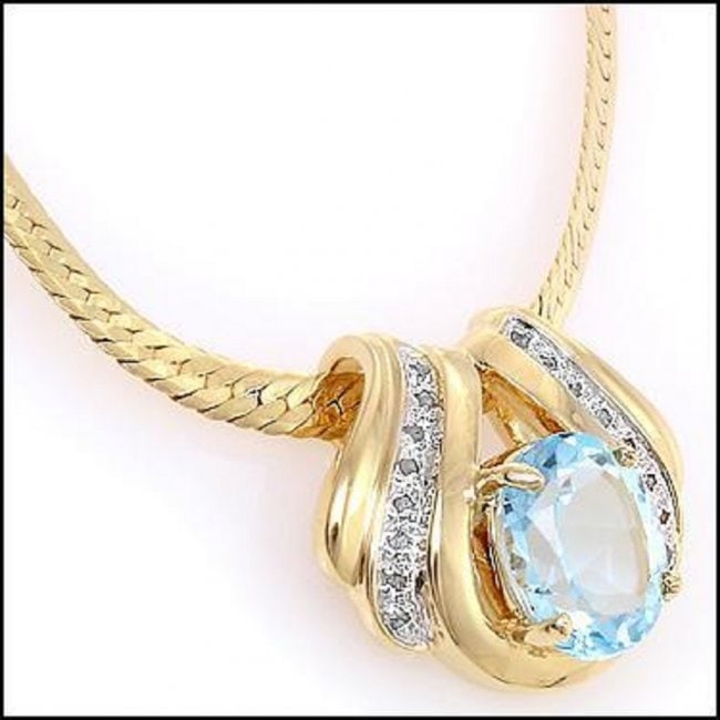 6.12 CT Swiss Blue Topaz & Diamond Designer Necklace: 1 piece of Genuine 12X10mm faceted oval Blue Topaz quality AAA no treatment.16 pieces of Genuine single cut diamonds 0.12 carat tw.10.35 grams of brass layered with 18K yellow Gold.The length is 18 in
