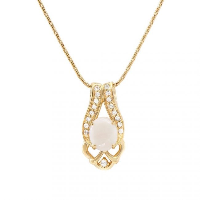 3.02 ct Opal & White Topaz Designer Necklace $990: One Plated 18KT Yellow Gold 3.00ct Opal and White Topaz Pendant with Chain. (1) Opal with a total weight of 3.00cts. (17) White Topaz stones with a total weight of 0.80cts. 8.05 grams of brass layered