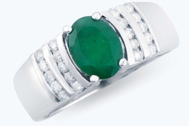 1.51 Cts Certified Natural Diamonds & Emerald 14K White Gold Designer Ring: Gemstone: EmeraldColor: GreenShape: OvalSize: 8x6Quantity: 1CTW: 1.22 Diamond DescriptionShape: RoundsSize: 1.5 mm Quantity: 20CTW: 0.29Grade: I1-I2Color: H-I Material Information:Primary Material: 14