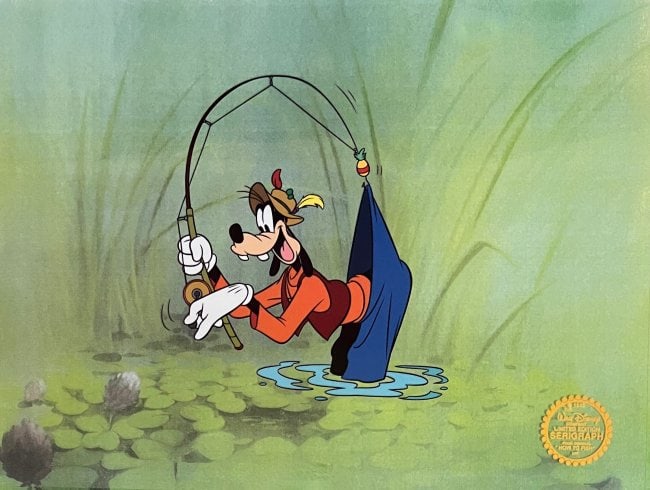 DISNEY GOOFY FISHING Limited Edition Sericel Animation Art Cel $1,380!: This is a GENUINE Original Limited Edition Serigraph Cel titled Goofy Fishing?. From Walt Disney Studios. Disney own artists have selected this scene from the original animation drawings used to produ