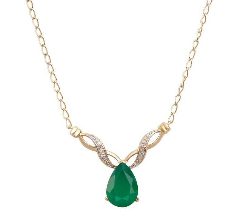 6.79 CT Green Agate & Diamond Designer Necklace $1,115: 1 pieces of Pear Shape GENUINE Green Agate quality AAA no treatment.6 pieces of GENUINE 3X3mm faceted round diamond 0.12 carat Tw.8.48 grams of Base Metal layered with 18K yellow gold.The necklace len