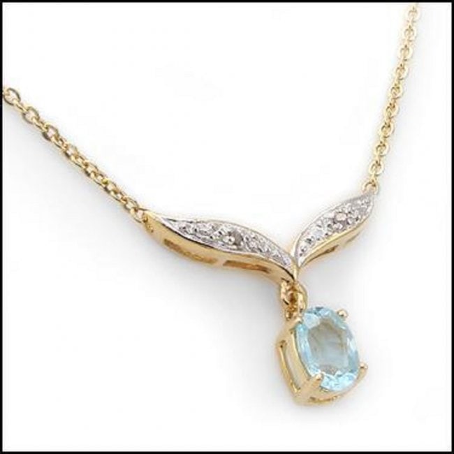 1.92 CT Blue Topaz & Diamond 18KGP Designer Necklace: 1 piece of GENUINE 7X5 mm Oval Blue Topaz quality AAA no treatment.2 pieces of GENUINE single cut diamonds 0.02 CT.2.51 grams of brass layered with 18K yellow gold.The necklace length is around 18 inc