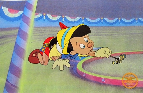 Walt Disney "Pinocchio" Serigraph Cel: Walt Disney limited edition serigraph cel "Pinocchio". Size: 14" x 11", Comes with a certificate of authenticity. Disney?s own artists have selected this scene from the ORIGINAL animation drawings use