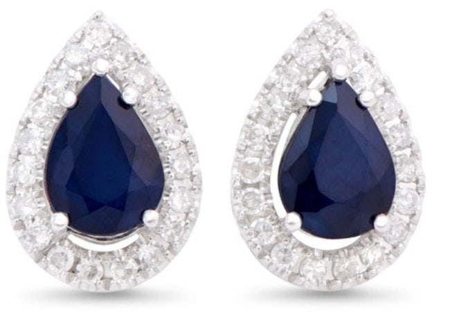 2.06 Cts Certified Diamonds & Blue Sapphire 14K White Gold Designer Earrings: Gemstone: SapphireColor: BlueShape: PearSize: 7x5Quantity: 2CTW: 1.75 Diamond DescriptionShape: RoundsSize: 1.1mm Quantity: 38CTW: 0.31Grade: I1-I2Color: H-I Material Information:Primary Material: 14k