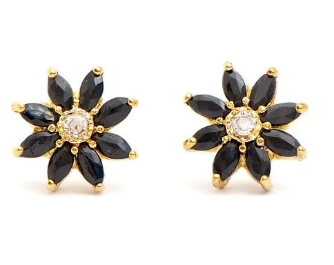 1.63 Cts Natural Sapphire Diamonds 18K Gold Plated Designer Earrings $1,285!: Gemstone DescriptionGemstone: Black SapphireColor: BlackShape: MarquiseSize: 4x2Quantity: 16CTW: 1.61 Diamond DescriptionShape: RoundsSize: 1.2mm Quantity: 2CTW: 0.02Grade: I3Color: H-I Material Infor