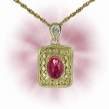 1 CT Cabochon Ruby Diamond Museum Pendant: Master jewelers designed your pendant with 1 piece of GENUINE 7X5mm faceted oval cabochon ruby. 1 piece of GENUINE single cut diamond .01 carat tw. 2.4 grams of brass layered with 18K Gold. The length