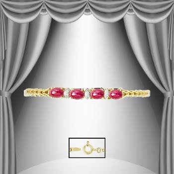 3.8 CT Ruby and Diamond Marquise Bracelet: Master jewelers designed your bracelet with 4 pieces of GENUINE 6X4mm faceted oval rubies. 3 pieces of GENUINE single cut diamonds .02 carat tw. 4 grams of sterling silver layered with 18k gold. The l