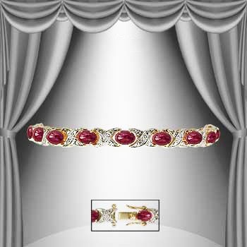 Amazing 14 CT Cabochon Ruby Diamond 18K Bracelet: Master jewelers designed your bracelet with 19 pieces of GENUINE 5X4mm oval GENUINE cabochon rubies. 13 pieces of GENUINE single cut diamonds, 0.1 carat tw. 11.4 grams of sterling silver layered with 