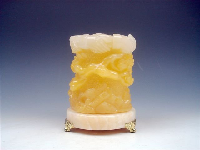 Gorgeous Jade Pine Trees & Handshake Pen Brush Hol: Item Description: This is a very nice jade crafted unique pen/brush holder with overlay pine trees and handshaking carved. Excellent workmanship and the piece looks even more attractive in person, ite