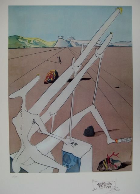 Dali "Martian w/ Double Hollow Electric Microscope: This is a Salvador Dali lithograph titled "Martian with the Double Hollow Electric Microscope" from Dali's “Conquest of the Cosmos” suite. Made on archival quality paper, plate signed and pencil n