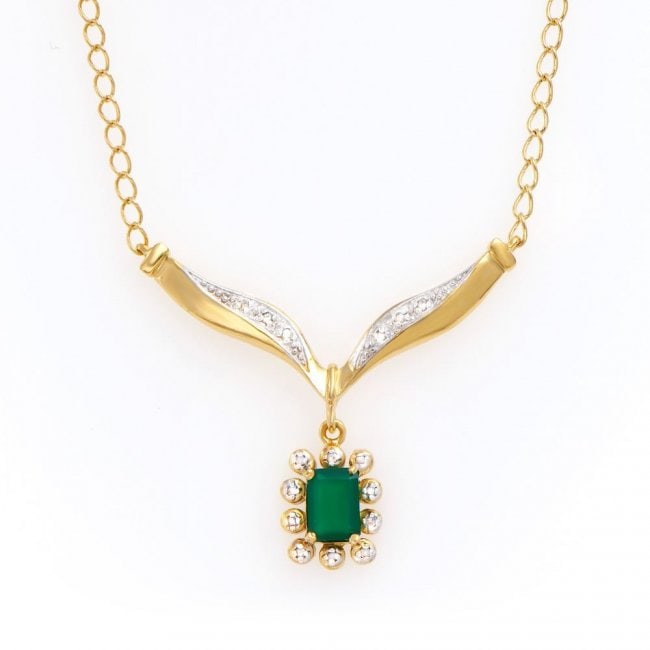 0.82 ct Green Agate & Diamond Designer Necklace $825: One Plated 18KT Yellow Gold 0.8ct Green Agate and Diamond Pendant with Chain. (1) Emerald-cut Green Agate 7x5mm. Diamonds with a total weight of 0.12cts. Total weight of this pendant with chain is 4.8