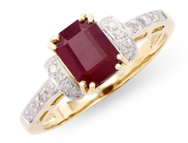 1.95 CTS Certified Natural Diamonds & African Ruby 14K YG Designer Ring MSRP $7,890!: Description:Gemstone: RubyColor: Red Shape: OctagonSize: 8x6Quantity: 1CTW: 1.73 Diamond Description:Shape: RoundsSize: 1.2-1.3mm Quantity: 24CTW: 0.22Grade: I1-I2Color: H-I Material Information:Prima
