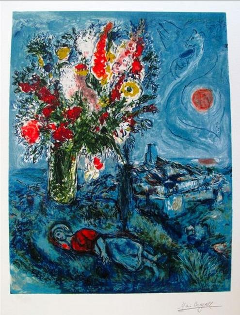 Marc Chagall La Dormeuse Aux Fleurs: Marc Chagall limited edition small giclee titled ?LA DORMEUSE AUX FLEURS?. This giclee is facsimile signed on the lower right and is pencil numbered on the lower left from an edition of 375. Paper mea