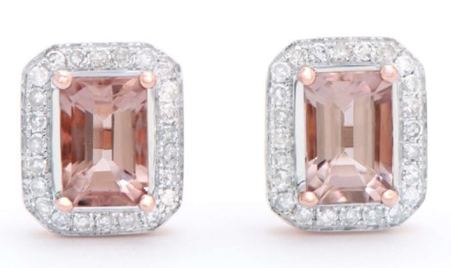 1.53 Cts Certified Natural Diamonds & Morganite 14K Rose Gold Designer Earrings: Gemstone: MorganiteColor: Peach-PinkShape: OctagonSize: 6x4Quantity: 2CTW: 1.31 Diamond DescriptionShape: RoundsSize: 0.9 mm Quantity: 48CTW: 0.22Grade: I1-I2Color: H-I Material Information:Primary Ma