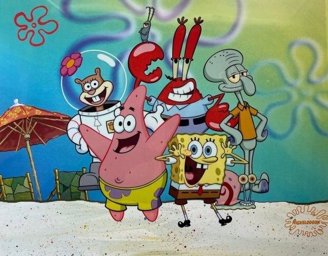 Nickelodeon SPONGEBOB SQUAREPANTS Sericel Patrick Squidward MSRP $1,269!: This is a Limited Edition Sericel of Nickelodeon SpongeBob SquarePants titled ?The Heroes?.This fantastic animation features SpongeBob SquarePants, Squidward, Sandy Cheeks, Patrick Star and Mr. Krabs 
