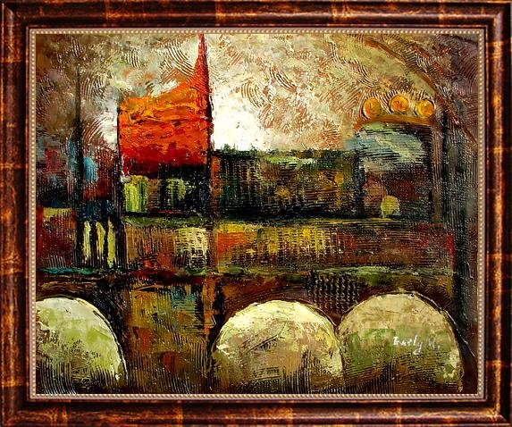 Framed Hand Signed Oil Painting, City Dynamics: With strong lines and cubist influence, this abstract influenced oil painting will create a colorful and vivid space. With the fusion of colors and bold textures capturing the viewer’s eye around th
