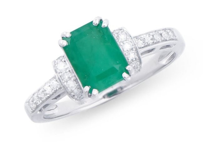 1.85 Carats Certified Brazilian Emerald & Diamond 14K Designer White Gold Ring MSRP $7,230!: Description:Gemstone: Emerald Color: Green Shape: Octagon Size: 8x6 Quantity: 1CTW: 1.63 Diamond Description:Shape: RoundsSize: 1.2-1.3 mm Quantity: 24CTW: 0.22Grade: I1-I2Color: H-1 Material Informat