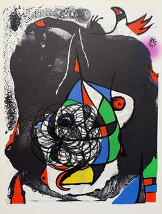 JOAN MIRO REVOLUTION II Original Lithograph by XXieme Siecle in Mourlot Paris: This is a Joan Miro original lithograph titled ?REVOLUTION II?. Printed by Mourlot, Paris in 1975. Image measures 10.5? x 12.5?. Published by XXieme siecle, this is an unsigned, un-numbered edition of