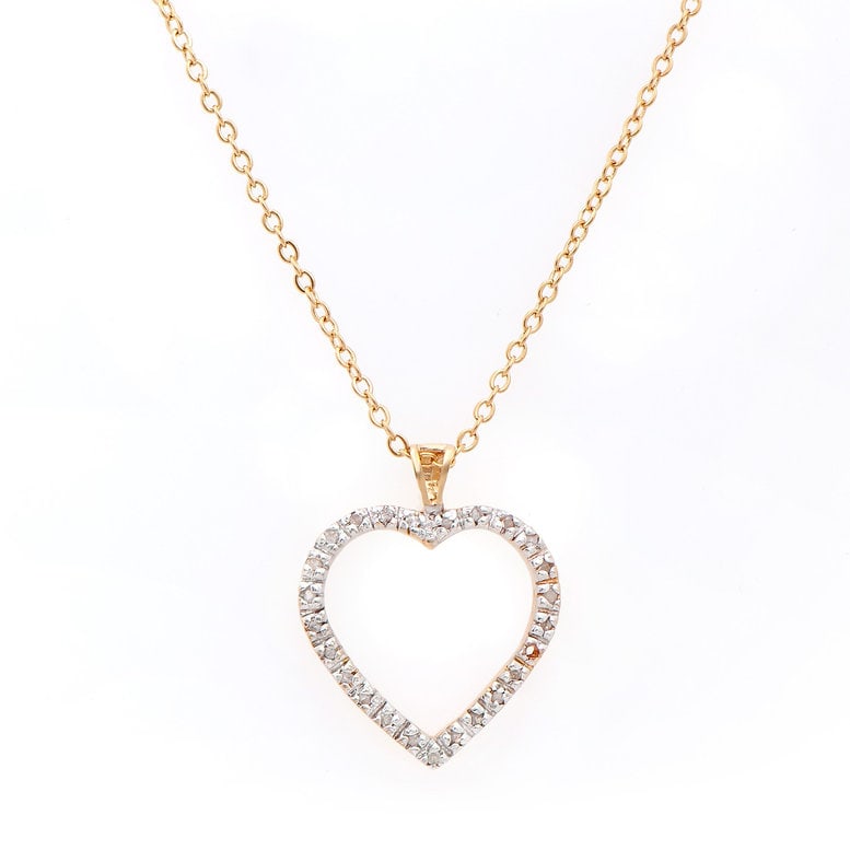 Plated 18KT Yellow Gold 0.22ctw Diamond Heart Pendant with Chain: One Plated 18KT Yellow Gold 0.22ctw Diamond Heart Pendant with Chain. (25) diamonds with a total of 0.22cts with a color of H-I and clarity of I-3. Total weight of this pendant with chain is 3.28 gram