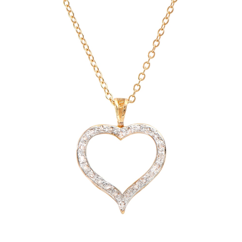 Plated 18KT Yellow Gold Diamond Heart Pendant with Chain: One Plated 18KT Yellow Gold Diamond Heart Pendant with Chain. (24) Diamonds with a total weight of 0.18cts with a color of I-J and clarity of I-3. Total weight of 3.15 grams of brass layered with 18K 
