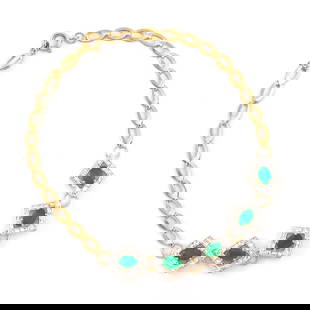 Plated 18KT Yellow Gold 2.05ctw Green Agate and Diamond Bracelet: One Plated 18KT Yellow Gold 2.05ctw Green Agate and Diamond Bracelet. (5) Green Agate stones with a total weight of 2.05cts. Diamonds with a total weight of 0.15cts with a color of I-J and clarity of