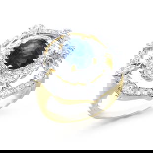 14KT Yellow Gold 2.05ct Blue Sapphire and Diamond Ring: (1) Blue Sapphire with a total weight of 2.05cts. (50) round Diamonds with a total weight of 1.02cts with a color of H-I and clarity of I2-I3. Total weight of the ring is 4.60 grams. Ring size 7.5.