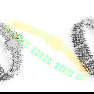 Plated 18KT Yellow Gold 7.00ctw Green Agate and Diamond Bracelet: One Plated 18KT Yellow Gold 7.00ctw Green Agate and Diamond Bracelet. (108) Green Agate stones with a total weight of 7.00cts. (4) Diamonds with a total weight of 0.03cts with a color of I-J and clari