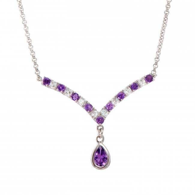 3.22 Cts Amethyst & White Topaz Designer Necklace: 1 piece of GENUINE 9X6mm pear shape Amethyst quality AAA no treatment.9 pieces of GENUINE 3mm rounds Amethysts quality AAA no treatment.8 pieces of GENUINE 3mm rounds white Topaz. 6.05 grams of brass