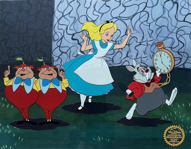 Disney ALICE IN WONDERLAND RABBIT TWEEDLEDEE Sericel MSRP $1,275!: This is a Limited Edition Serigraph Cel from 1951 Walt Disney Studios ALICE IN WONDERLAND?. This sericel features the characters Alice, White Rabbit, Tweedledee and Tweedledum.This cel is from the sce