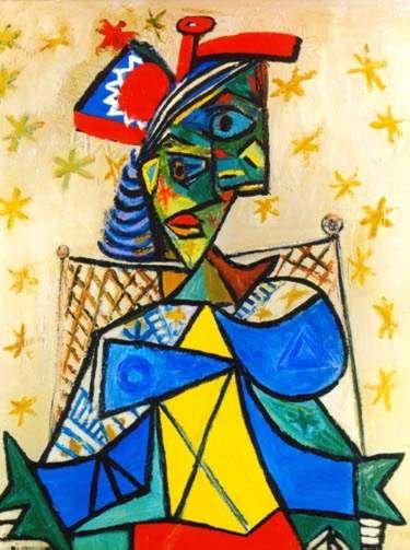 SEATED WOMAN WITH RED AND BLUE HAT Picasso Estate Signe: This is a PABLO PICASSO (ESTATE COLLECTION DOMAINE) giclée lithograph print titled "Seated Woman with Red and Blue Hat." This artwork is magnificent with brilliant rich colors and visual sweep. This 