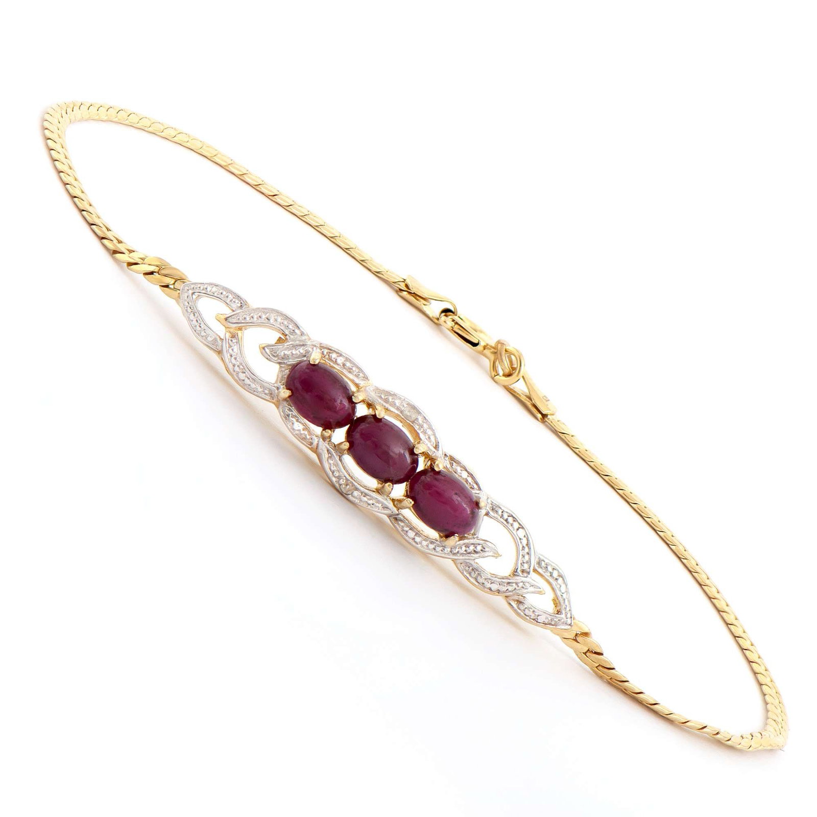 $2,185 Value! 1.76 cts Natural Diamond Ruby 18KGP Sterling Silver Designer Bracelet #2061: Diamond Description Shape: Round ,Size: 1.2mm, Quantity: 2, CT: 0.06, Grade: I2, Color: H-I, Red Ruby : 3, 6x4mm, 1.70 ct, Material Information:Plating Material: 18K Yellow Gold, Primary Material:Ster