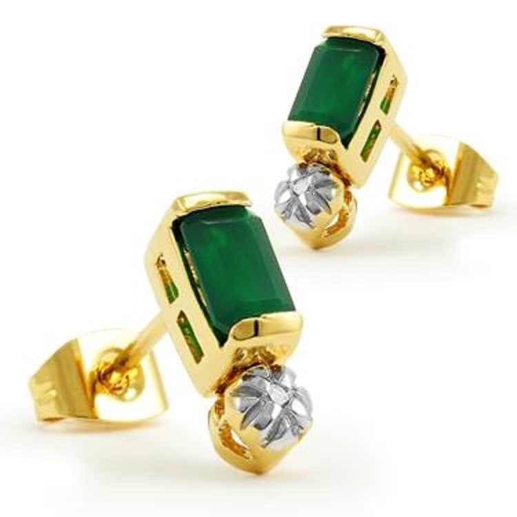 1.3 CT Green Agate Cut Green Agate and Diamond Earrings: Master jewelers designed your jewelry with 2 pieces of GENUINE 5X4mm Green Agate. 2 pieces of GENUINE single cut diamonds .1 carat tw. Set in Base Metal layered with 14K gold.