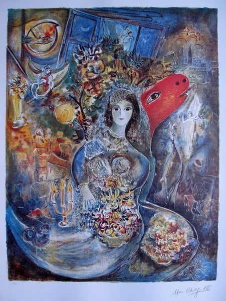 Marc Chagall BELLA Limited Ed. Lithograph: This is a Marc Chagall first edition lithograph titled "Bella". This is facsimile signed and pencil numbered from a limited edition of 500. Size 24 1/2" x 33".