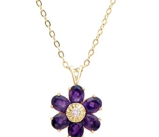 1.81 Cts Natura Amethyst Diamonds 18K Gold Plated Designer Necklace $1,485!: Gemstone DescriptionGemstone: AmethystColor: VioletShape: OvalSize: 5x4Quantity: 6CTW: 1.8 Diamond DescriptionShape: RoundsSize: 1.2mm Quantity: 1CTW: 0.01Grade: I3Color: H-I Material Information:Plat