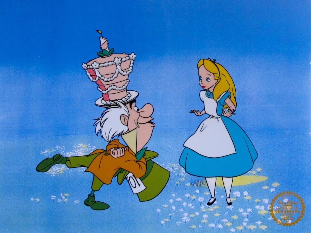 Disney ALICE IN WONDERLAND Original Serigraph Cel: This is a GENUINE Original Limited Edition Serigraph Cel of ALICE and the MAD HATTER from 1951 Walt Disney Studios ? ?ALICE IN WONDERLAND?.This cel is from the scene ?It?s a Very Merry Un-Birthday to 