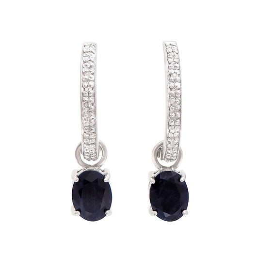 3.43 Cts Natural Diamonds & Sapphire Sterling Silver Designer Earrings MSRP $1,385!: Gemstone Description Gemstone: Sapphire Color: Black Shape: Oval Size: 8x6Quantity: 2CTW: 3.25 Diamond Description Shape: Rounds Size: 1.1mm Quantity: 24CTW: 0.18Grade: I3Color: H-I Material Informati