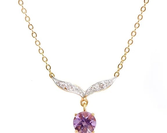 1.04 Cts Natural Amethyst Diamonds 18K Gold Plated Designer Necklace $1,385!: Gemstone DescriptionGemstone: AmethystColor: VioletShape: RoundSize: 7mmQuantity: 1CTW: 1.02 Diamond DescriptionShape: RoundsSize: 1.2mm Quantity: 2CTW: 0.02Grade: I3Color: H-I Material Information:Pl