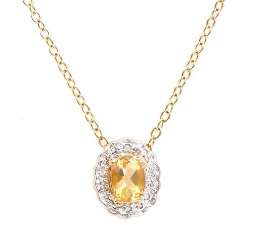 0.82 Cts Natural Citrine Diamonds 18K Gold Plated Designer Necklace $1,475!: Gemstone DescriptionGemstone: CitrineColor: OrangeShape: OvalSize: 7x5Quantity: 1CTW: 0.7 Diamond DescriptionShape: RoundsSize: 1.1mm Quantity: 14CTW: 0.12Grade: I3Color: H-I Material Information:Plat