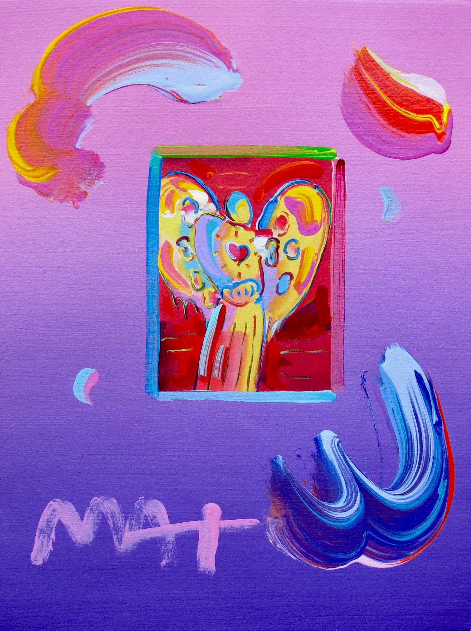 Peter Max ANGEL WITH HEART Hand Signed Original Overpaint Mixed Media Painting: This is a Peter Max hand signed mixed media titled ?ANGEL WITH HEART?. This piece is hand overpainted by Peter Max with a variation color combination of brushstrokes of his original artwork and hand s